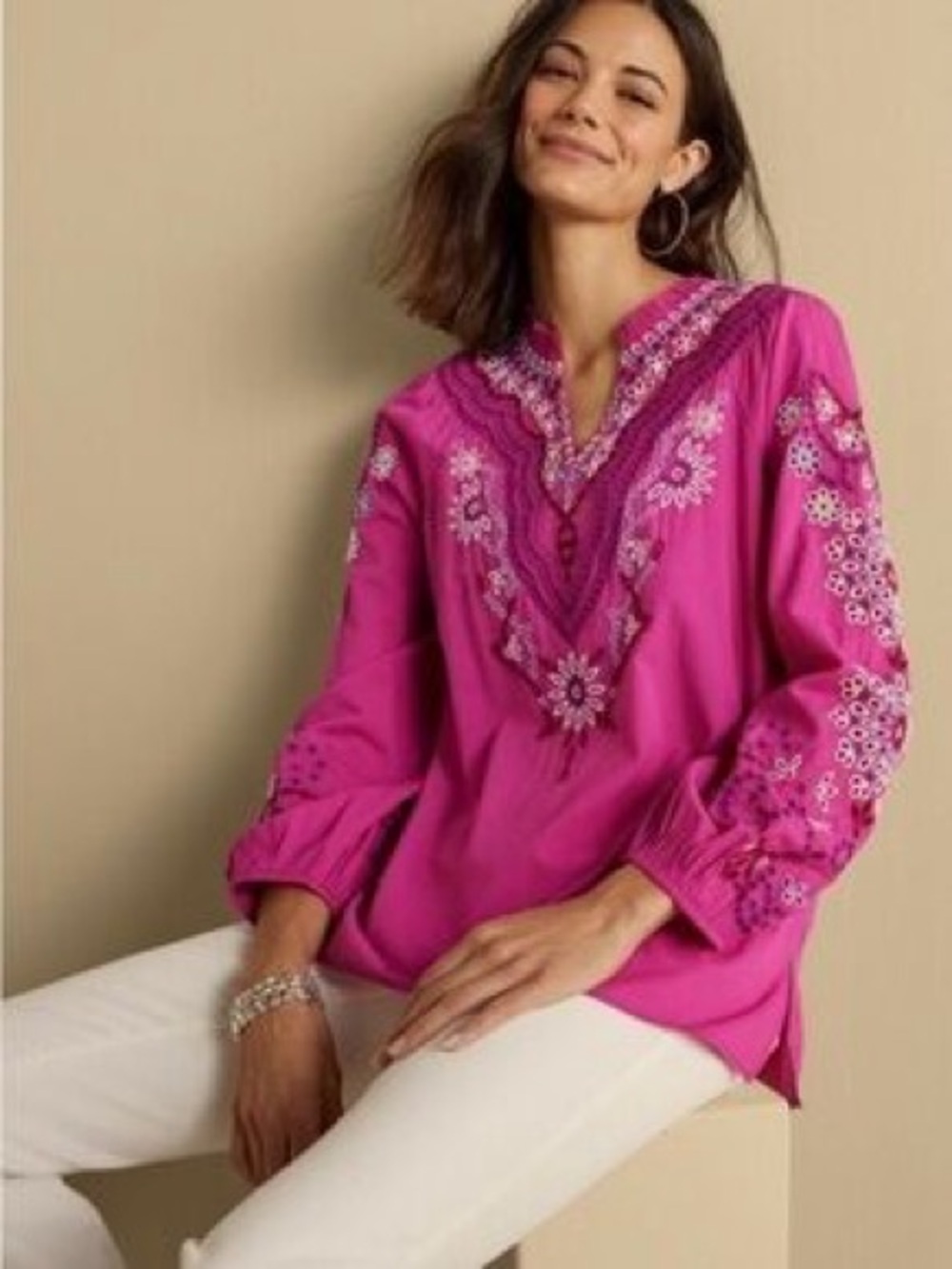 Soft Surroundings Fuchsia Embroidered Peasant Tunic XS
